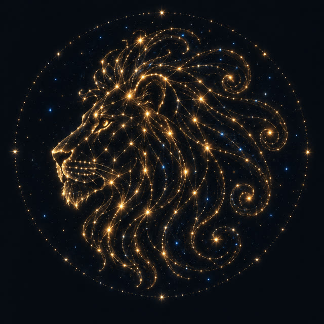 A lion's head drawn as a constellation of gold stars, rising out of a turning spiral