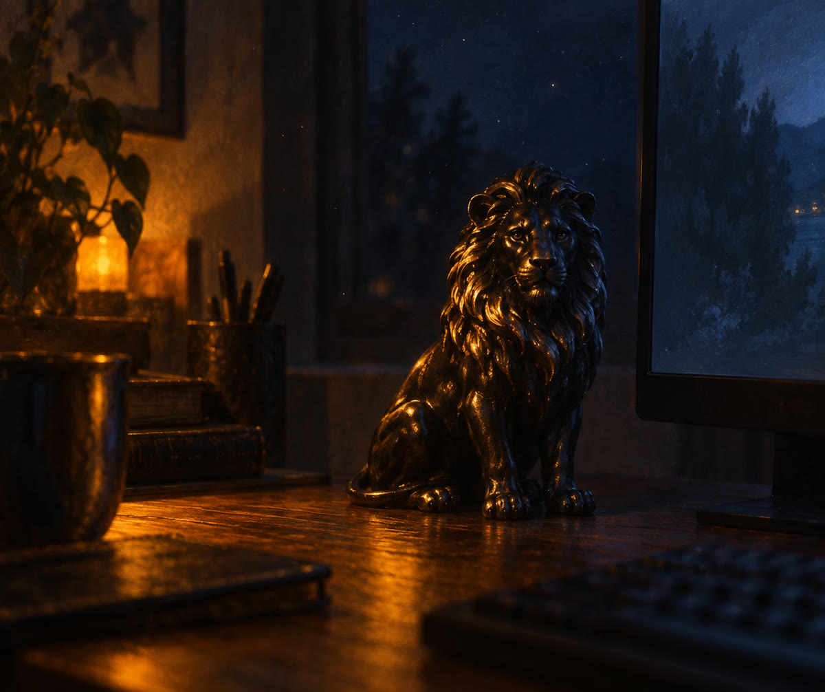 A small black lion figurine on a wooden desk at night, lit by a warm amber lamp, beside a monitor.